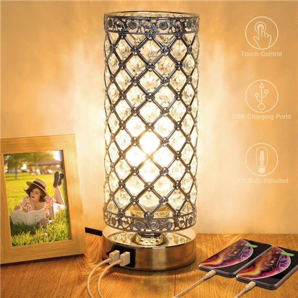 Crystal Touch Control Table Lamp with Dual USB Charging Ports, 3-Way Dimmable